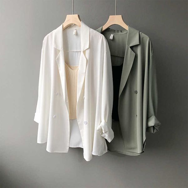 

hxjjp summer thin suits women double breasted solid sun loose protection white black blazer 210607