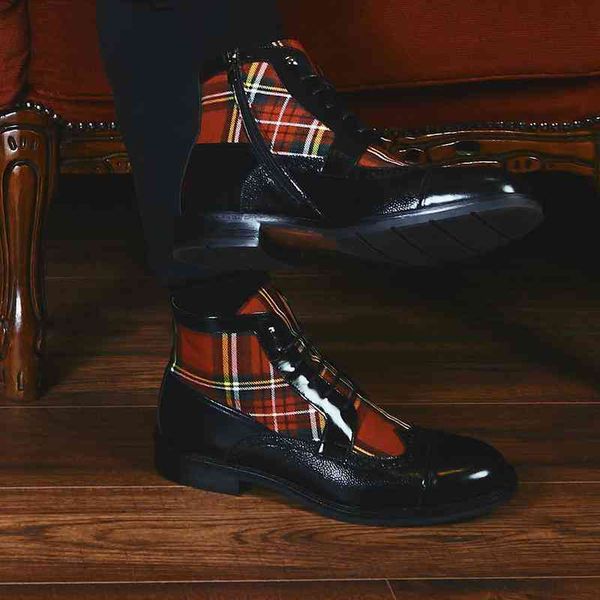 

boots men shoes fashion classic personality pu stitching red plaid fabric high-lace-up low-heel comfortable short 6kf330 9ax4, Black