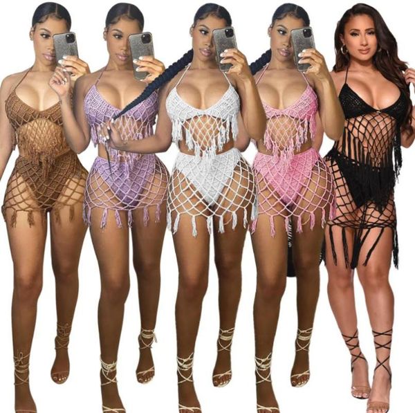 

women's swimwear women spaghetti strap tassels bikini 2pcs 2021 solid lady hand crochet knitted bikinis sets s-xl beach swimsuit, White;black