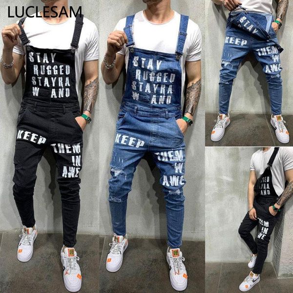 

men's jeans mens ripped jumpsuits streetwear distressed bib overalls for men fashion letter biker pants black straight trousers 3xl, Blue