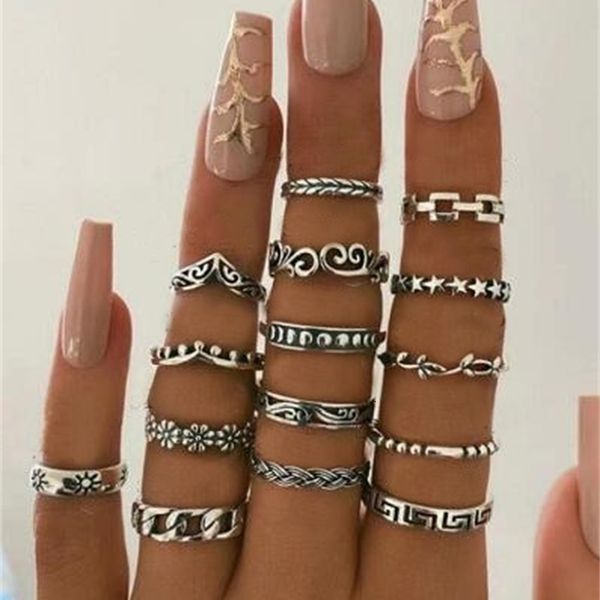 

nepalese joint ring bohemian flower 15 piece set joint ring, Silver