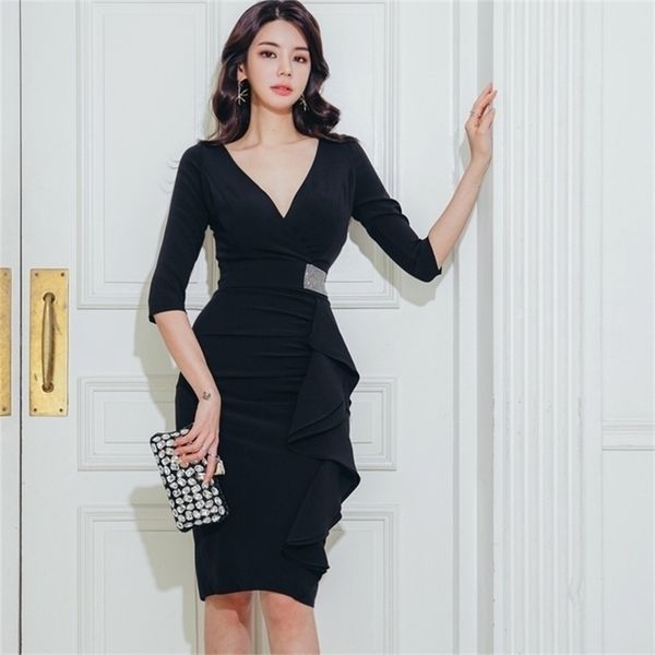

dress autumn and winter ladies fashion temperament is thin women's v-neck base 210416, Black;gray