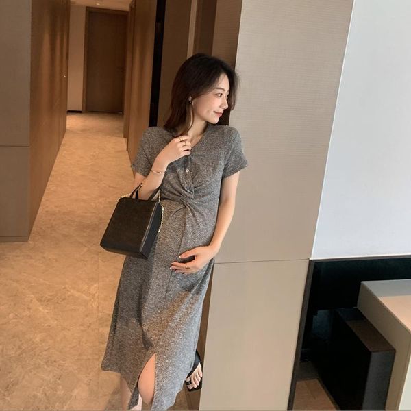 

maternity dresses 2021 summer fashion style pregnant women short sleeves cotton dress front split slim clothes pregnancy knitting, White