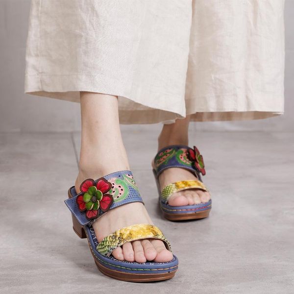 

slippers 2021 spring and summer slope with pure handmade folk-made ethnic flower series thick-soled printed sandals, Black