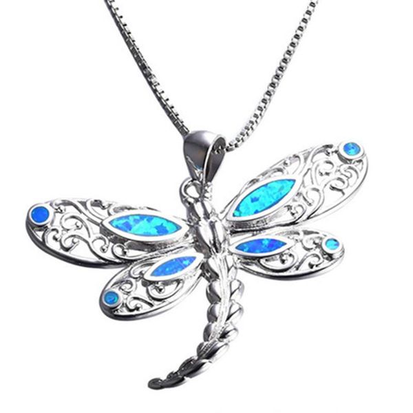 

pendant necklaces marcatsa fashion vintage hollow crystal dragonfly zircon statement necklace women blue fire opal pendants boho jewelry, Silver