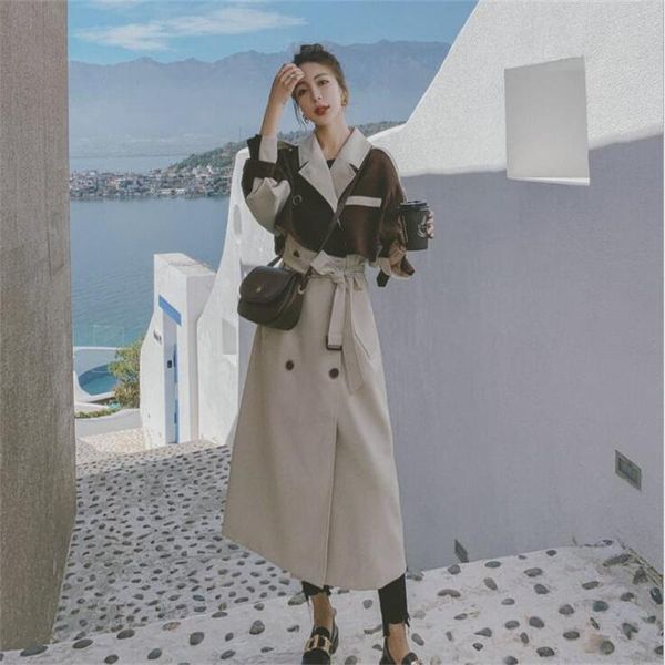 

women's trench coats contrasting color windbreaker mid-length clothes british style 2021 spring autumn temperament, Tan;black