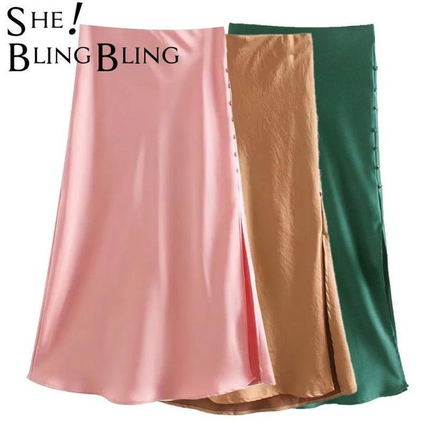 

skirts sheblingbling green pink satin midi skirt summer fashion buttons split side women casual high waist a-line female bottoms, Black
