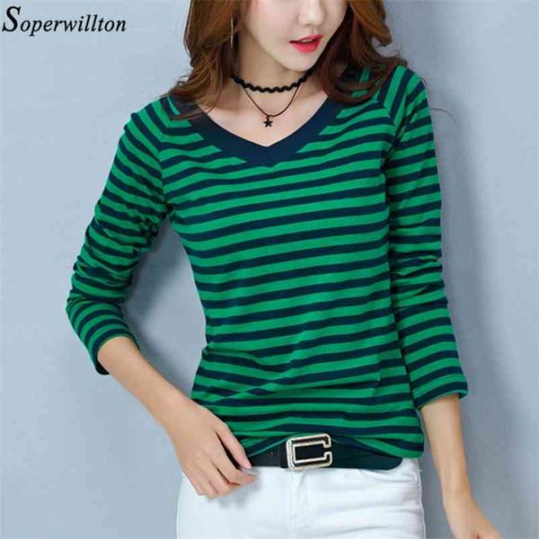 

women t-shirts casual long sleeve striped tshirt female v-neck cotton tees lady large size poleras mujer slim a45 210401, White