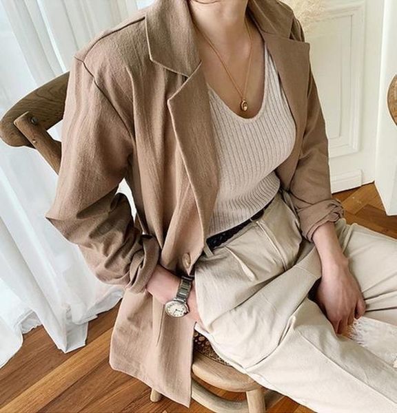 

women's suits & blazers cotton linen casual blazer women jackets coat solid vintage outwear autumn pocket loose elegant female office, White;black