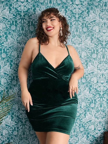 

plus wrap detail backless velvet bodycon dress d69i#, Black