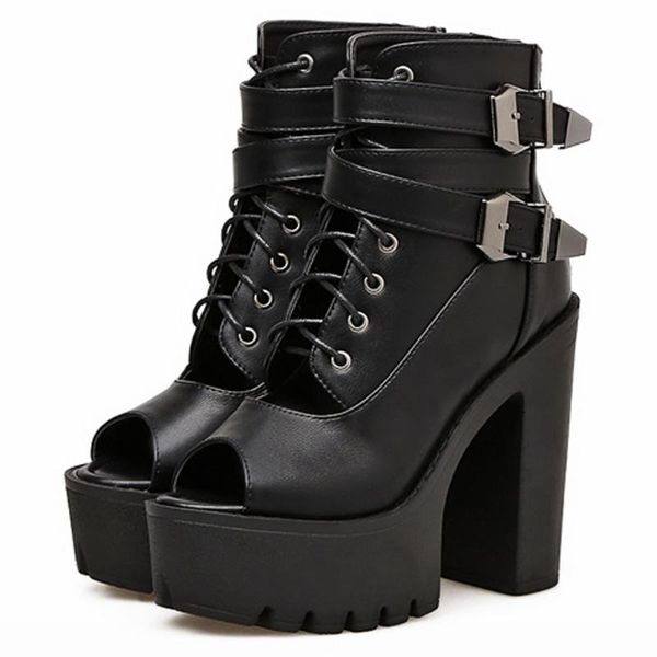 

boots 2021 brand gothic style peep toe buckles platform square high heels ankle summer fashion cool shoes woman, Black