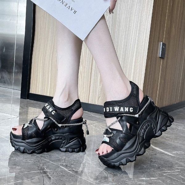 

sandals fashion white mesh sport sandalias mujer 2021 summer women chunky platform wedges thick bottom casual shoes woman, Black
