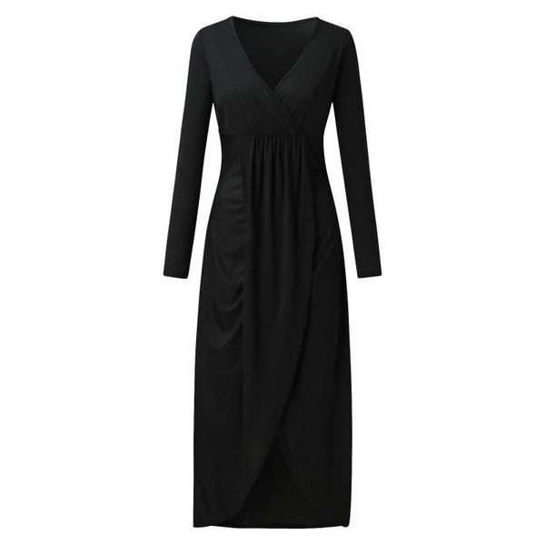 

casual dresses pure color dress women v-neck long sleeve elegant female fashion autumn mid-calf vestidos, Black;gray