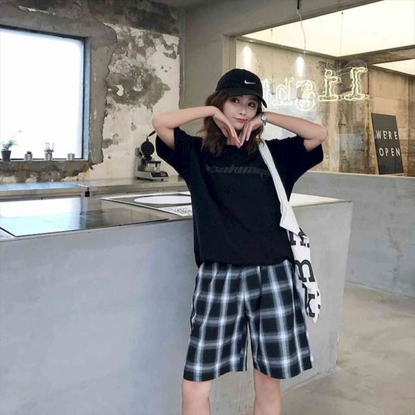 

summer five point plaid printing women shorts streetwear clothing korean wide leg female student straight casual workout, White;black