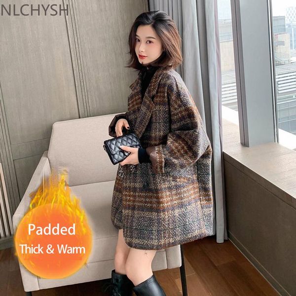 

women's wool & blends winter korean overcoat women vintage woolen loose coats female double breasted turn-down collar, Black