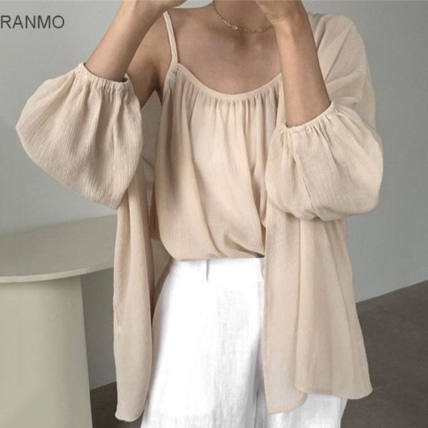 

women's blouses & shirts korean chic soft open clavicle loose base suspender + temperament long sleeve chiffon shawl jacket for women, White