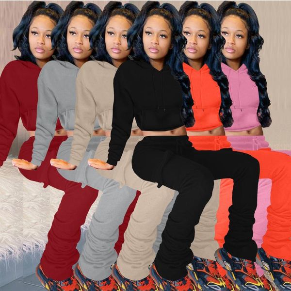

women's two piece pants europe and america solid color sweatshirts hoodies crop stacked sweatpants jogger suits women fall outfits, White