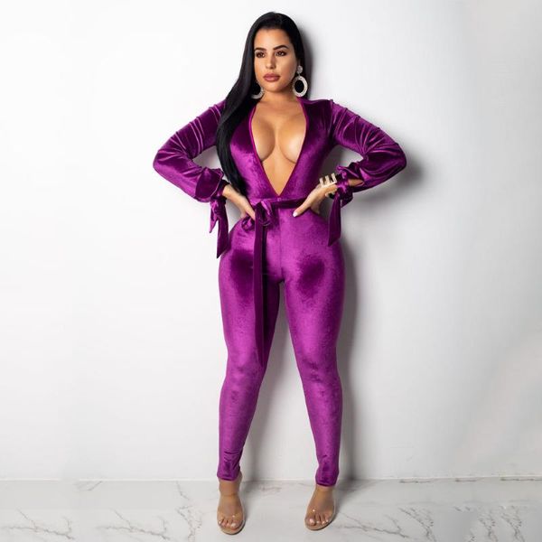 

women's jumpsuits & rompers casual solid long sleeve velvet jumpsuit women deep v neck hollow out sashes lace up bandage bodycon female, Black;white