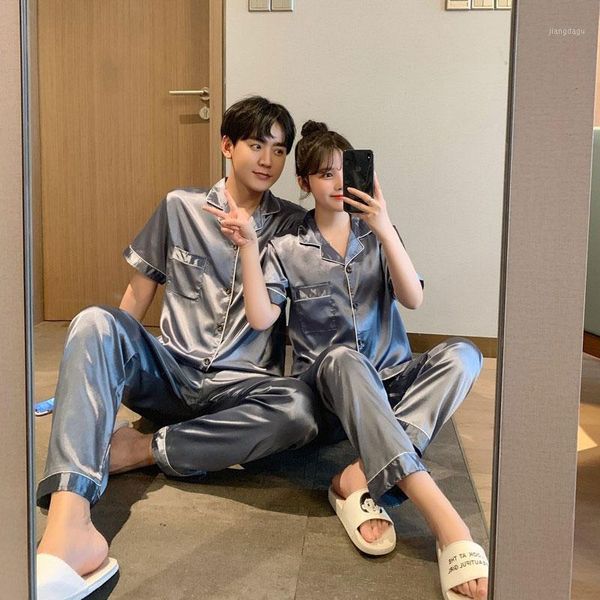 

men's sleepwear pajamas for men women solid color silk satin couple set short sleeve trousers lovers plus size pjs home suit, Black;brown