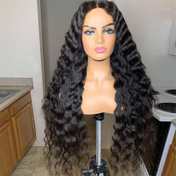 

deep wave lace front wig synthetic heat resistabt fiber hair 13x4 with baby wigs1, Black
