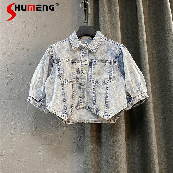 

women's jackets 2021 summer ladies european style puff short sleeve jeans coat women fashion korean loose slim solid elegant denim jack, Black;brown