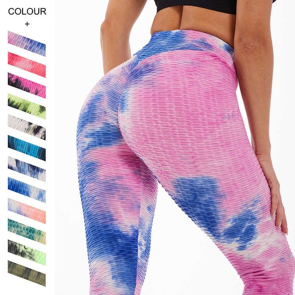 

exercise yoga suit fitness jacquard high waist peach hip leggings tie dye bubble pants, Black;white
