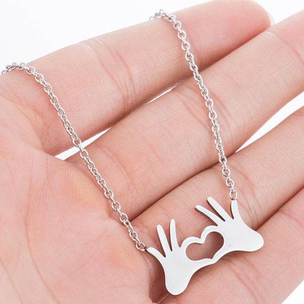 

classic boho stainless steel ok gestures pendant necklaces for women love english letter heartbeat clavicle chain gift, Silver