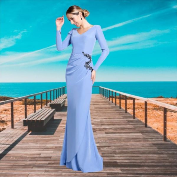 

party dresses v-neck long sleeve prom light sky blue elastic satin sheath floor length evening gowns dress formal, White;black