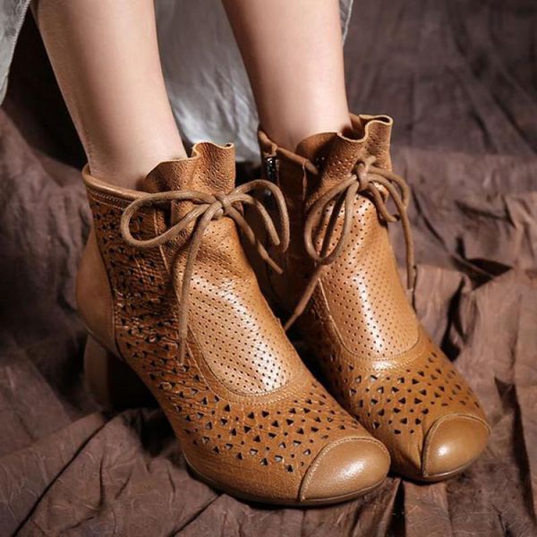 

boots johnature ankle summer genuine leather zip women shoes round toe sewing 2021 lace-up hollow platform, Black