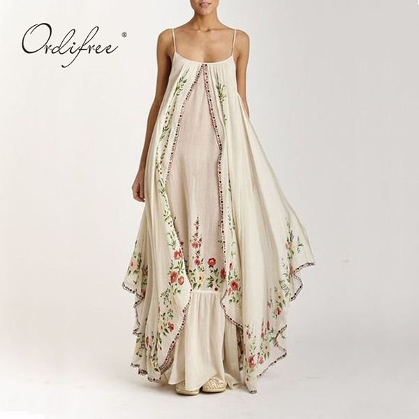 

summer women floral long spaghetti strap vintage flower print boho maxi beach dress 210415, Black;gray