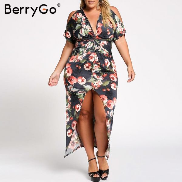 

berrygo women dress bohemian es floral print v-neck plus size ruched maxi split party female vestidos 210513, Black;gray