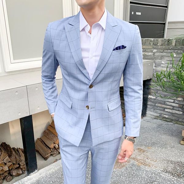 

men's suits & blazers men plaid suit blue khaki trousers skinny design british work clothing wedding prom casual jacket with pants 5xl, White;black