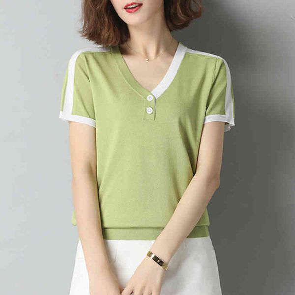 

women's t-shirt summer patchwork short sleeve knitted fashion v-neck knitwear korean pullover tee womens clothing jnc1, White