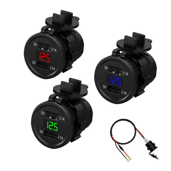 4.2A 12-24V Doppia porta USB Caricabatteria Presa accendisigari per auto moto + Display voltmetro digitale a LED