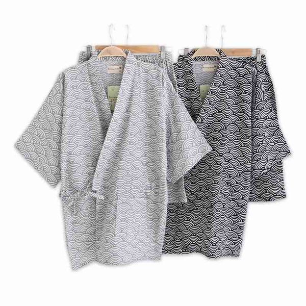 

simple wave 100% cotton shorts pyjamas men short sleeves sleepwear japanese kimono pajamas sets shorts home bathrobes bedgown 210812, Black;brown