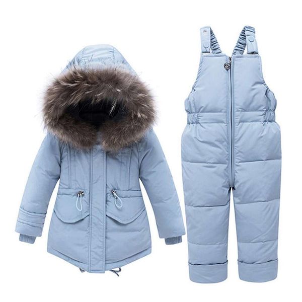 

children winter suit -30 degree russian warm snow wear baby boy girl duck down jacket +pants clothing set kids clothes outerwear coat, Blue;gray