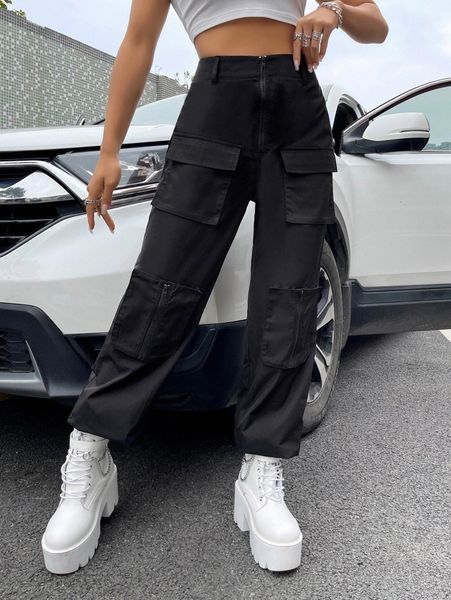 

zip fly flap pocket cargo pants c9qy#, Black;white