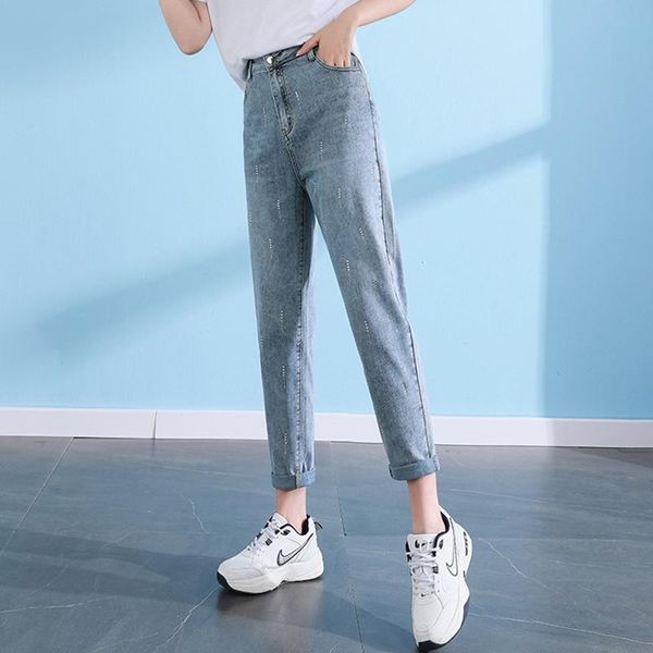 

women's jeans denim straight added fertilizer and increased stretch cotton brand fashion urban beaded mid-waist large size, Blue