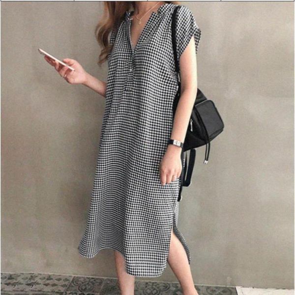 

casual dresses 2021 summer arrivals japanese simple black houndstooth v-neck dress loose thin women long, Black;gray