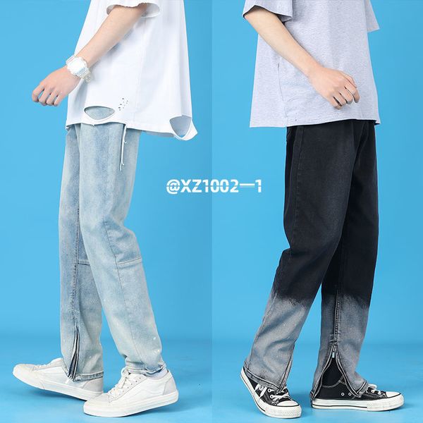 

jeans korean wide-leg men's slim fashion retro harajuku jeans men streetwear hip-hop zipper straight denim trousers mens -2xl, Blue