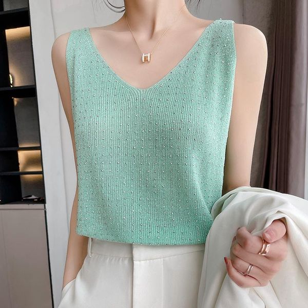 

women's tanks & camis summer tank diamonds solid v-neck short casual thin female sleeveless knit shirt, White
