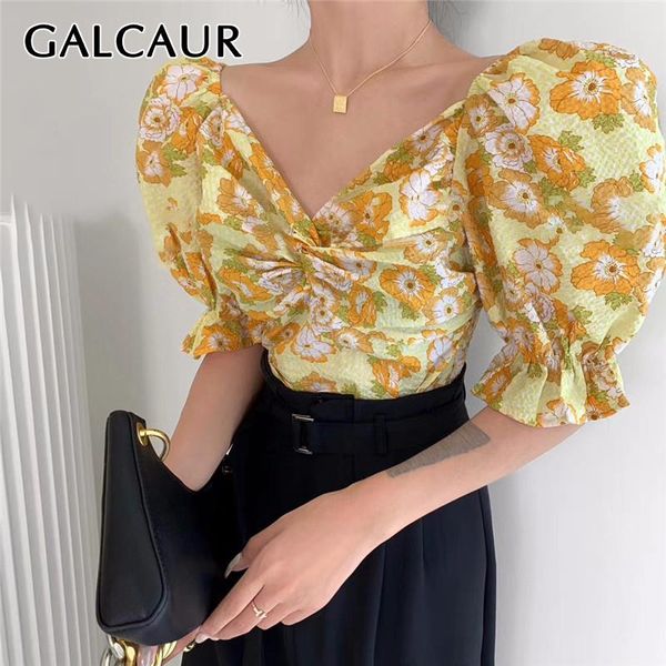 

women's blouses & shirts galcaur women v neck puff short sleeve print hit color ruched casual blouse female 2021 korean fashion clothin, White