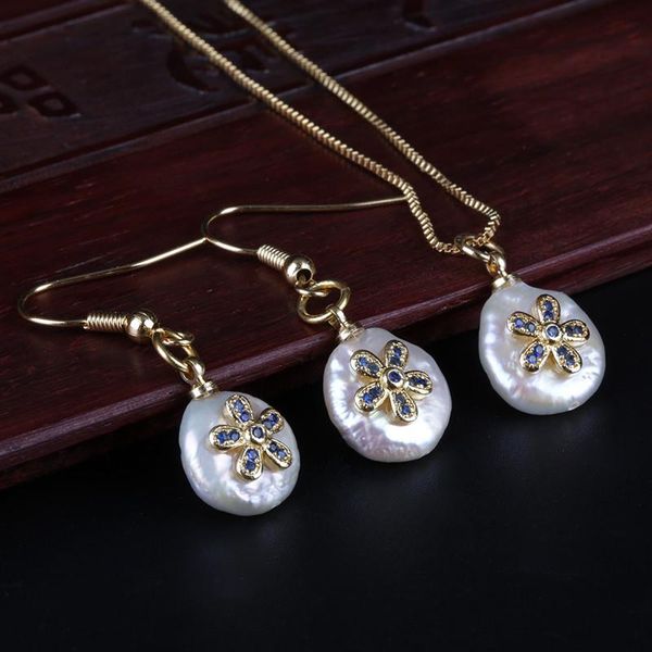 

earrings & necklace tiny gold navy blue cz zircon flower charm beads coin freshwater pearl chic drop earring choker women jewelry set gift, Silver