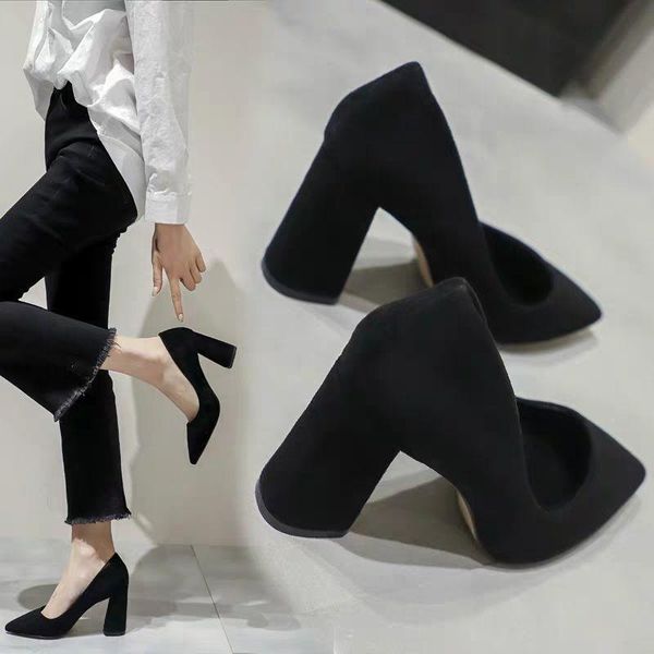

dress shoes women's high heels bride party mid heel pointed toe shallow mouth women, Black