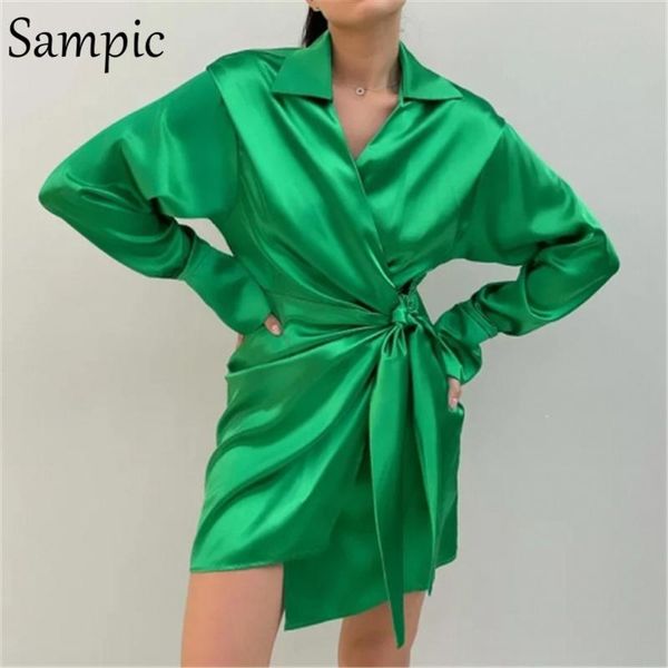 

casual dresses sampic fashion stain women bodycon blouse dress long sleeve autumn 2021 v neck green mini wrap office ladies, Black;gray