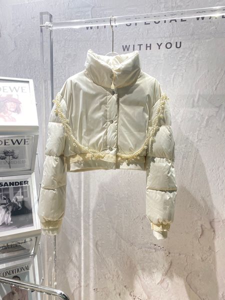 

new stand collar ultra short solid pearl chain down jacket, Black