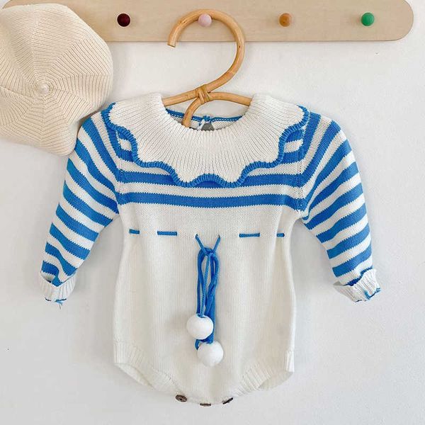 

spring autumn toddler girls stripe kids clothing baby girl long sleeve lotus leaf collar knit rompers, Blue