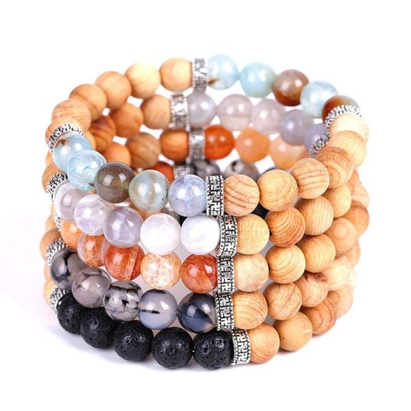 

beaded, strands natural cracked stone bracelet with wood bead and lava rock oil diffuser retro style stretch women bracelets, Black