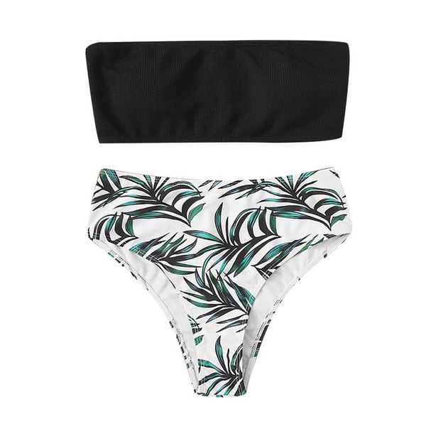 

women's swimwear plant print tube bikini set brazillian swimsuit women mid waist biqini female bathing suit baÃ±ador mujer a50, White;black