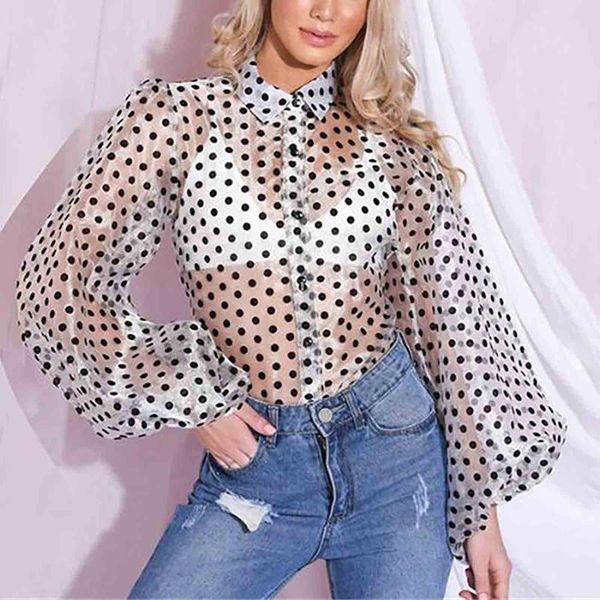 

women's t-shirt fashion lantern long sleeve dot shirt perspective top, White